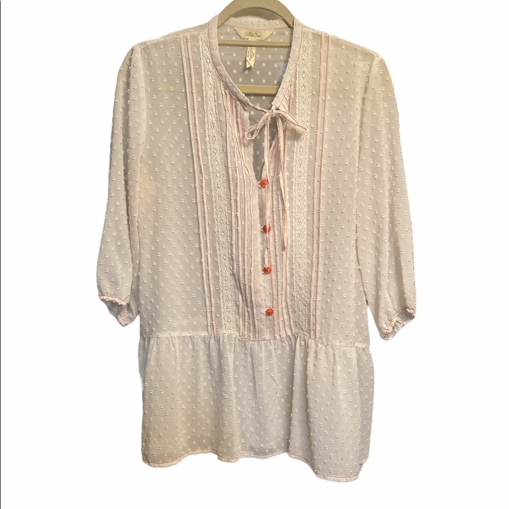 Matilda Jane blouse drop waist tie at neckline 4 buttons dotted Swiss Sz Medium
